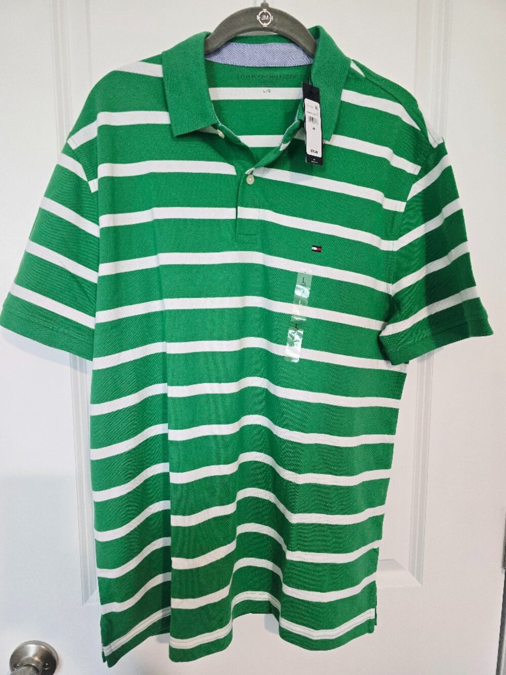 Tommy Hilfiger Green and White short sleeve Striped Polo Shirt size L